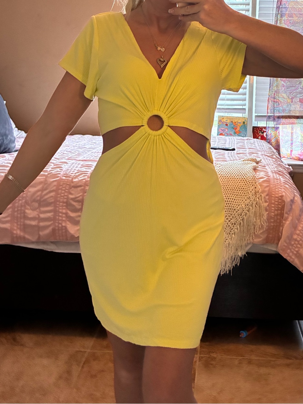 O'Neill Neon Yellow Cutout Ring Mini Dress